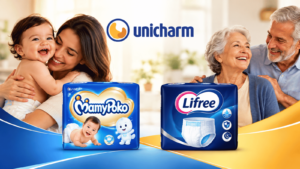 Unicharm apresenta as marcas MamyPoko e Lifree em imagem com mãe e bebê e casal de idosos, destacando produtos de cuidados infantis e incontinência urinária.