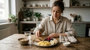 Café da manhã com ovos, pão integral, iogurte natural, aveia e frutas.